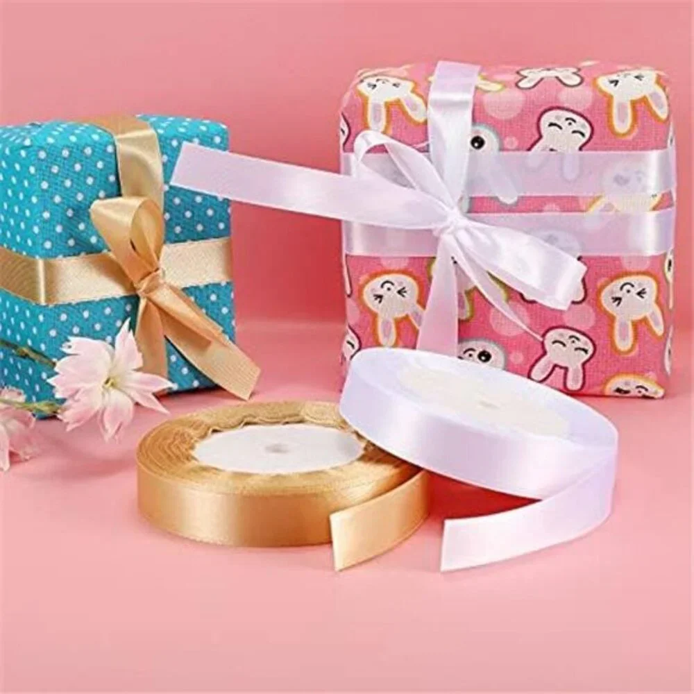 3 Roll Satin Ribbon White Navy Blue Gold Double Face 25 Yards for Gift Wrapping